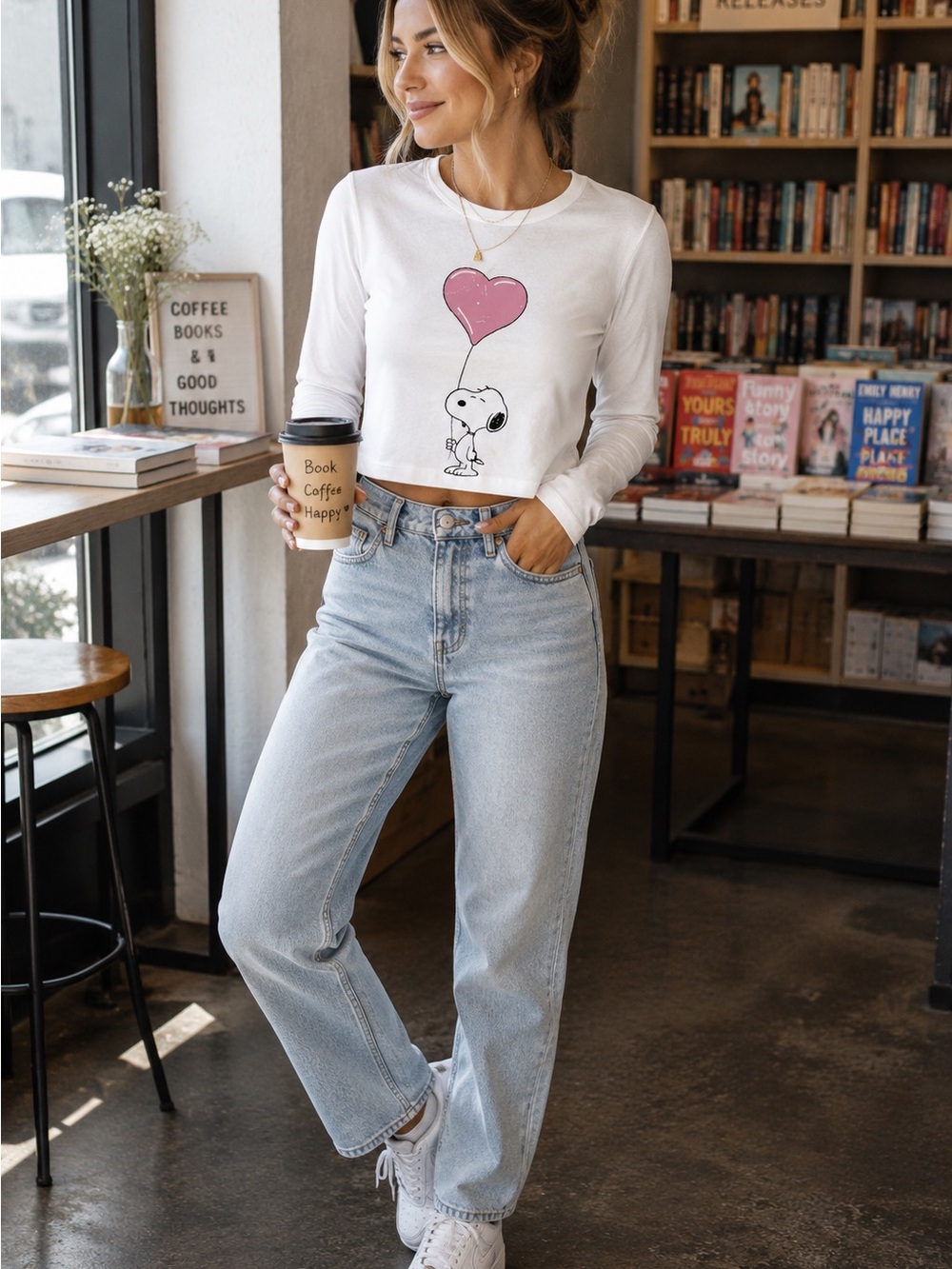Peanuts Snoopy Heart Balloon Long Sleeve Crop Tee | Cute Graphic Top